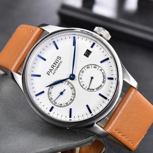 Parnis 43mm White Dial Automatic Mechanical Mens Watch Luxury Brand Fashion Power Reserve Waterproof Wristwatch Men