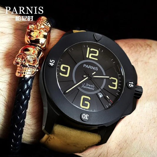 Parnis 47mm Black Dial Military Mechanical Watches Mens Watch Brand Luxury Automatic Watch Sapphire Crystal Genuine Leather Band