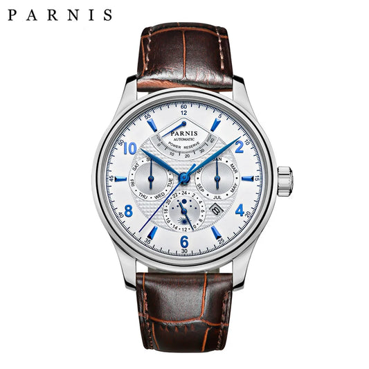 Parnis 42mm Automatic Watch Moon Phase Power Reserve Watch Men Luxury Brand Top Miyota Mechanical Winder Watch PA6062-A Gift Men