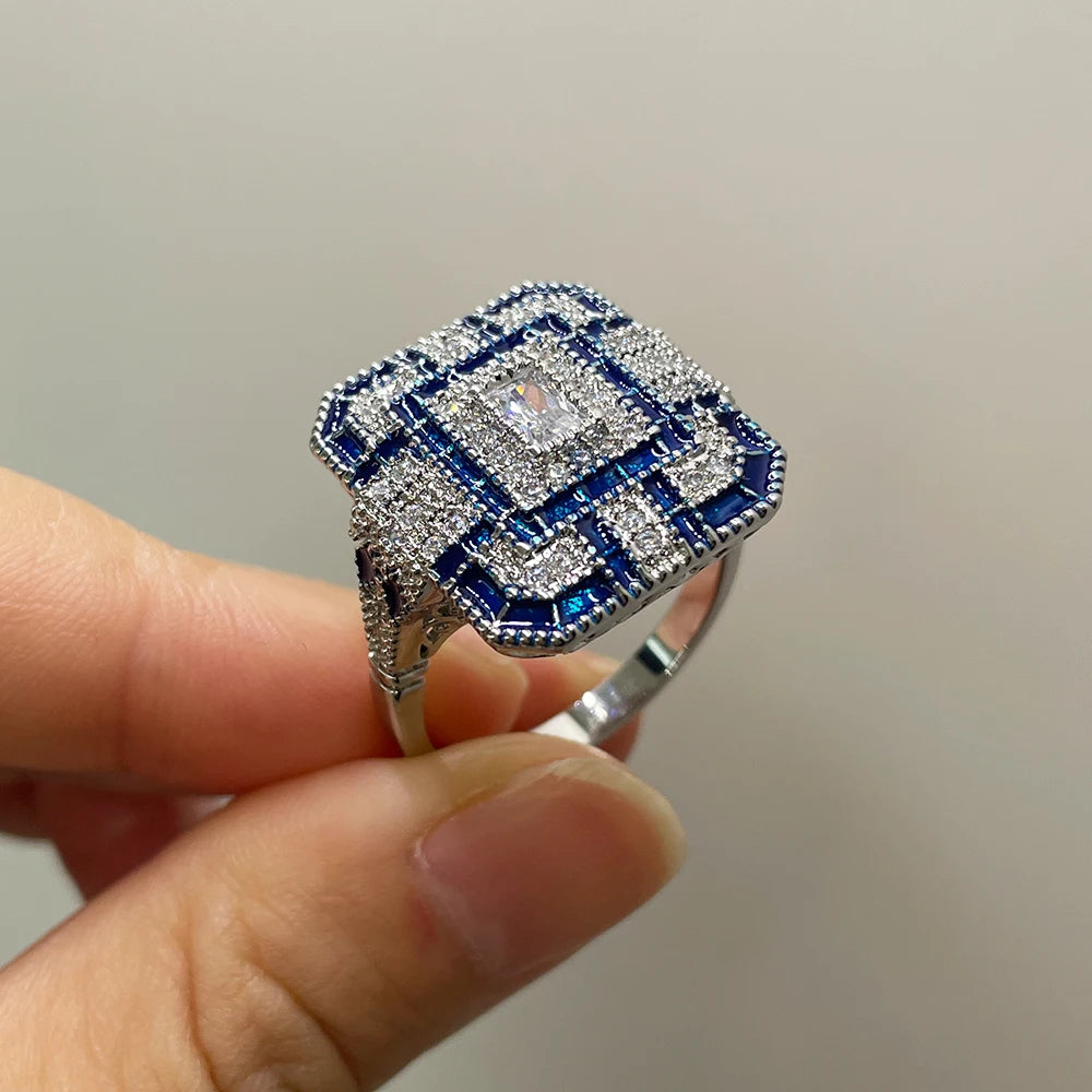 HOYON s925 Sterling Silver Color Square Female Ring Couple Ring Natural Zircon Crystal Sapphire Male Hip Hop Ring Party Jewelry