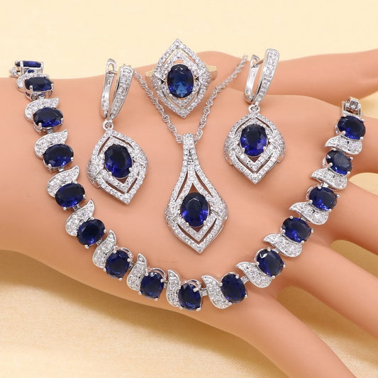 New Arrival 925 Silver Jewelery Set For Women Blue Semi-precious Necklace Pendant Earrings Ring Bracelet Gift