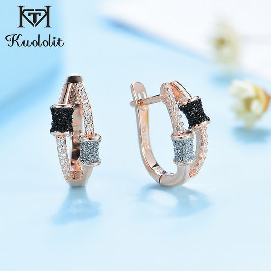 Kuololit 585 Rose Gold Clip Earrings For Women Girl Real 925 Sterling Silver Black Silver Glitter Jewelry for Wedding Party Gift