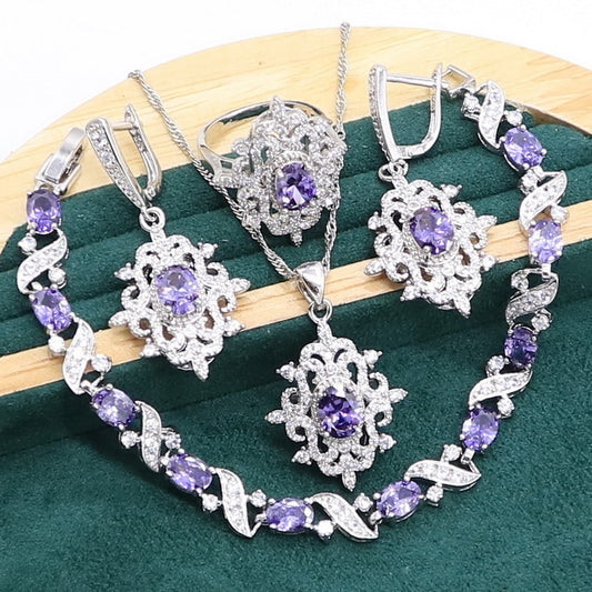 Purple Amethyst 925 Sterling Silver Jewelry set for Women Bracelet Earrings Necklace pendant Ring