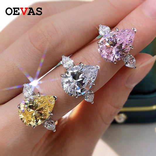 OEVAS 100% 925 Sterling Silver Sparkling 10*14mm Pear Multicolor High Carbon Diamond Wedding Rings For Women Fine Jewery Gifts