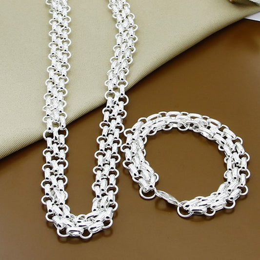 925 Silver Simple Necklace Bracelet Jewelry Set For Women Men
