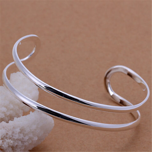 DOTEFFIL 925 Sterling Silver Double Circle Line Bangle Bracelet For Woman Wedding Engagement Fashion Charm Party Jewelry