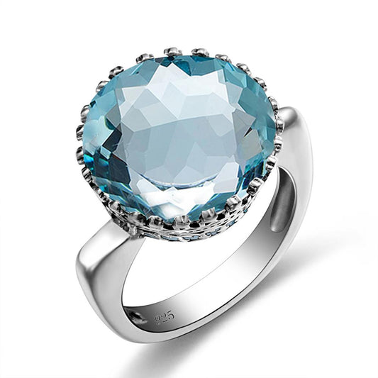 Szjinao Vintage 100% 925 Sterling Silver 15ct Round Created Aquamarine Ring For Women Famous Branded Handmade Fine Jewelery