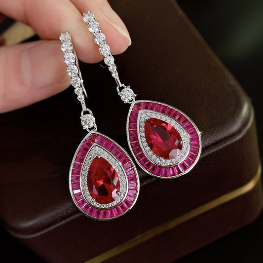 Water Drop Ruby Diamond Dangle Earring 100% Real 925 sterling silver Wedding Drop Earrings for Women Promise Engagement Jewelry