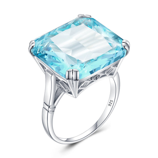 Szjinao Real 925 Sterling Silver 17*17mm Square Aquamarine Ring For Women Vintage Sparkling Massive Birthstone Jewelery Female D