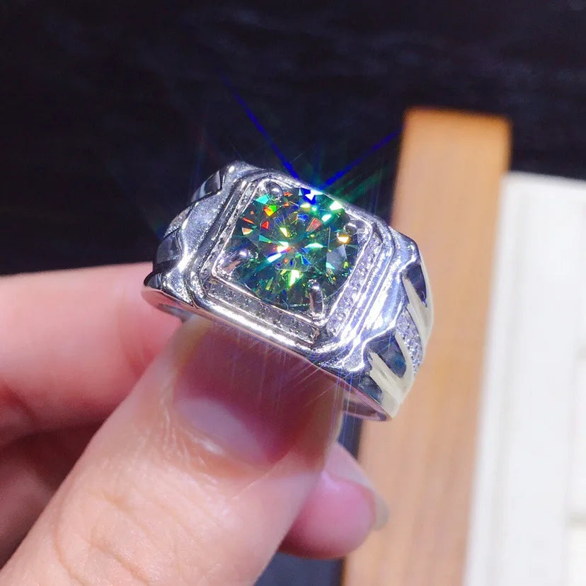 2022 Solitaire Male 3ct Lab Green Moissanite Ring 925 sterling silver Wedding band Rings for Men Finger Party Jewelry