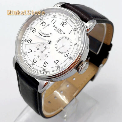 New Parnis 42mm silver watch case date leather  automatic movement men's luxury mechanical watch