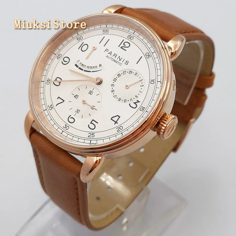 New Parnis 42mm silver watch case date leather  automatic movement men's luxury mechanical watch