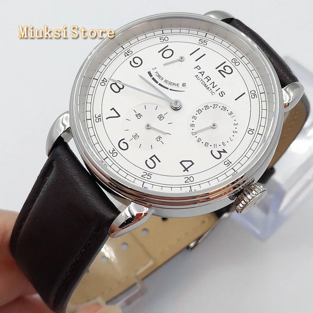 New Parnis 42mm silver watch case date leather  automatic movement men's luxury mechanical watch