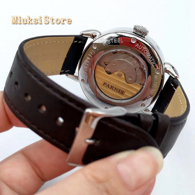 New Parnis 42mm silver watch case date leather  automatic movement men's luxury mechanical watch