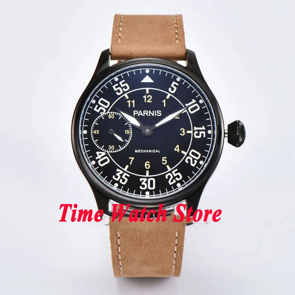 Parnis Pilot Aviator Men's Watch Classic Asia 6497 Hand-winding Movement Black White Dial Luminous 316L Stainless Steel 44mm
