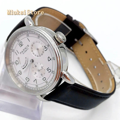 New Parnis 42mm silver watch case date leather  automatic movement men's luxury mechanical watch