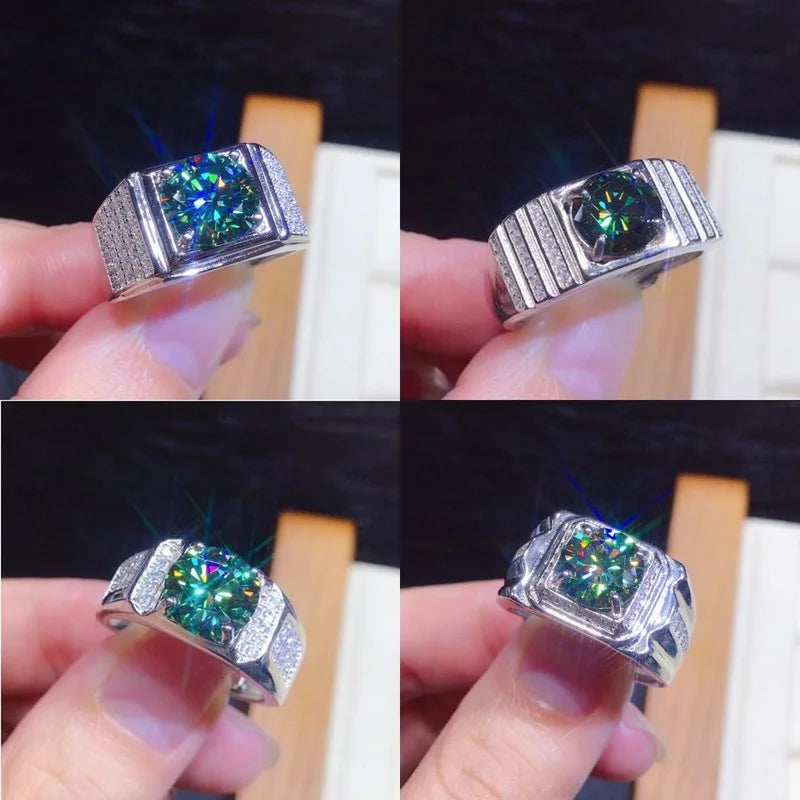 2022 Solitaire Male 3ct Lab Green Moissanite Ring 925 sterling silver Wedding band Rings for Men Finger Party Jewelry