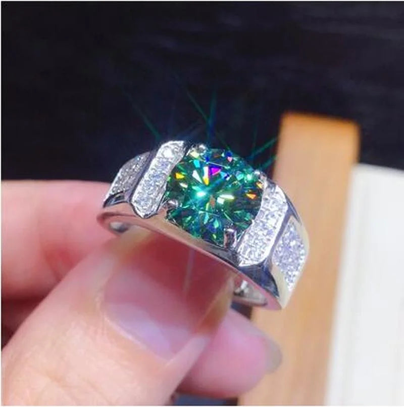 2022 Solitaire Male 3ct Lab Green Moissanite Ring 925 sterling silver Wedding band Rings for Men Finger Party Jewelry