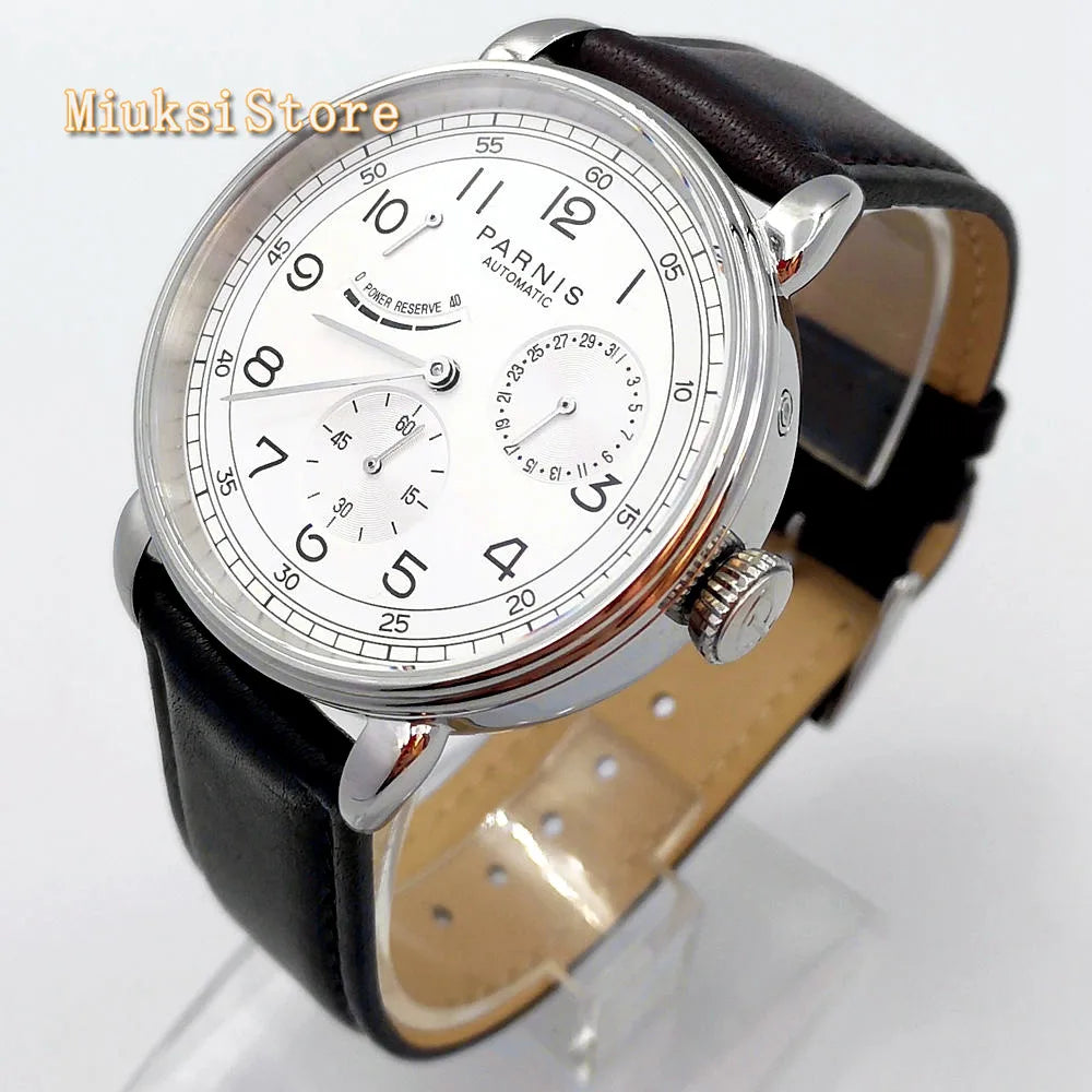 New Parnis 42mm silver watch case date leather  automatic movement men's luxury mechanical watch
