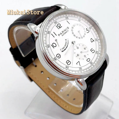 New Parnis 42mm silver watch case date leather  automatic movement men's luxury mechanical watch
