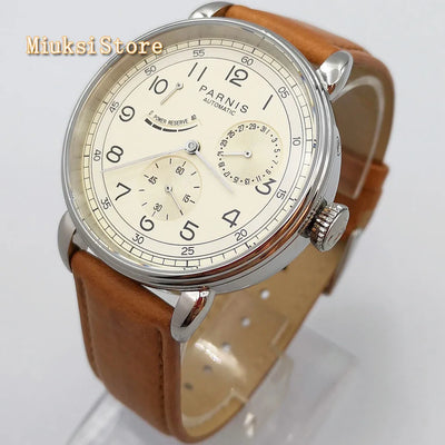 New Parnis 42mm silver watch case date leather  automatic movement men's luxury mechanical watch