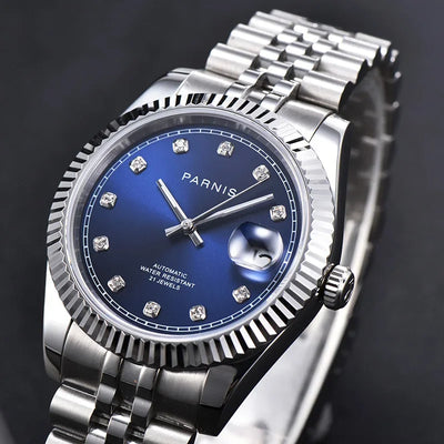 Parnis 39mm Man Watches Calendar Green/Blue/White Dial Miyota 8215 Movement 21 Jewels Automatic Mechanical Stainless Steel Strap