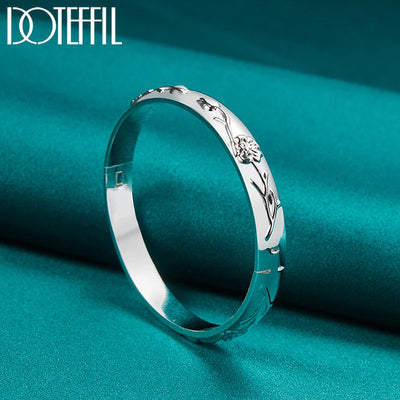 DOTEFFIL 925 Sterling Silver Flower Rose Cuff Bangle Bracelet For Women Wedding Engagement Jewelry Party Gift