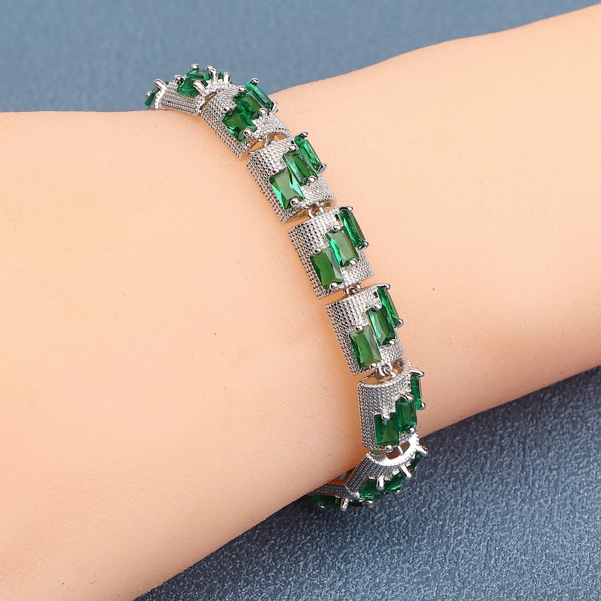 925 Silver Charm Green Cubic Zircon Bracelets For Women Wedding Jewelry 18+2CM Length