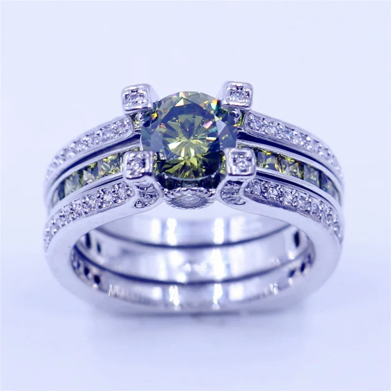 2-in-1 Lab Peridot Diamond Ring Set 925 Sterling Silver Engagement Wedding Band Rings for Women Bridal Promise Party Jewelry