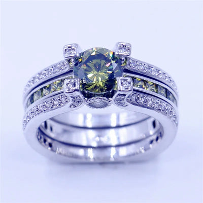 2-in-1 Lab Peridot Diamond Ring Set 925 Sterling Silver Engagement Wedding Band Rings for Women Bridal Promise Party Jewelry