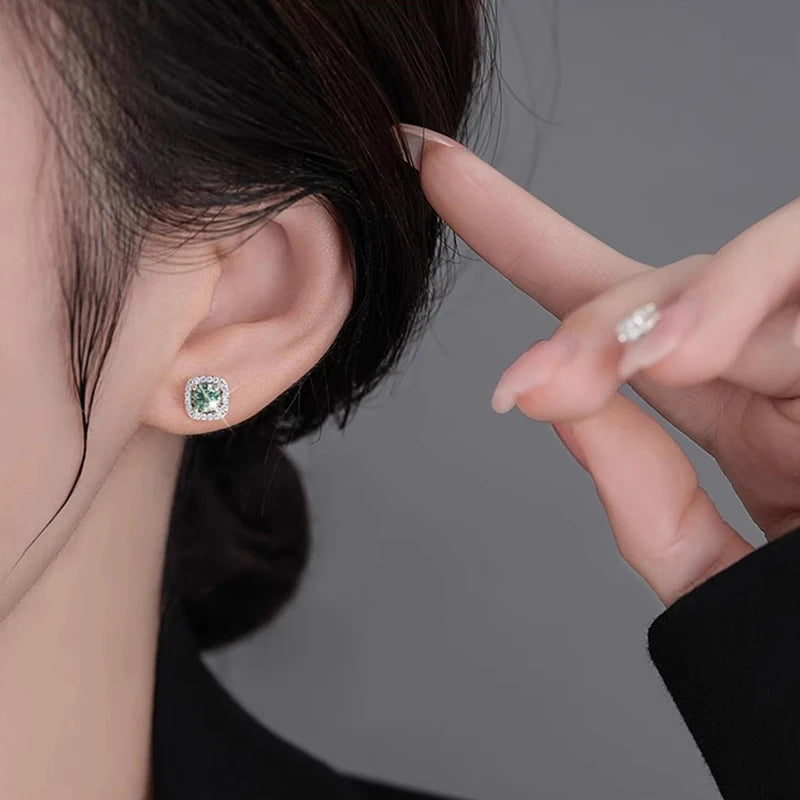 Houtros 1CT Green White Moissanite Stud Earrings for Women S925 Silver Square Wedding Diamond Earring Luxury Jewelry Certified