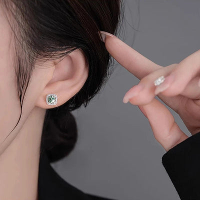 Houtros 1CT Green White Moissanite Stud Earrings for Women S925 Silver Square Wedding Diamond Earring Luxury Jewelry Certified