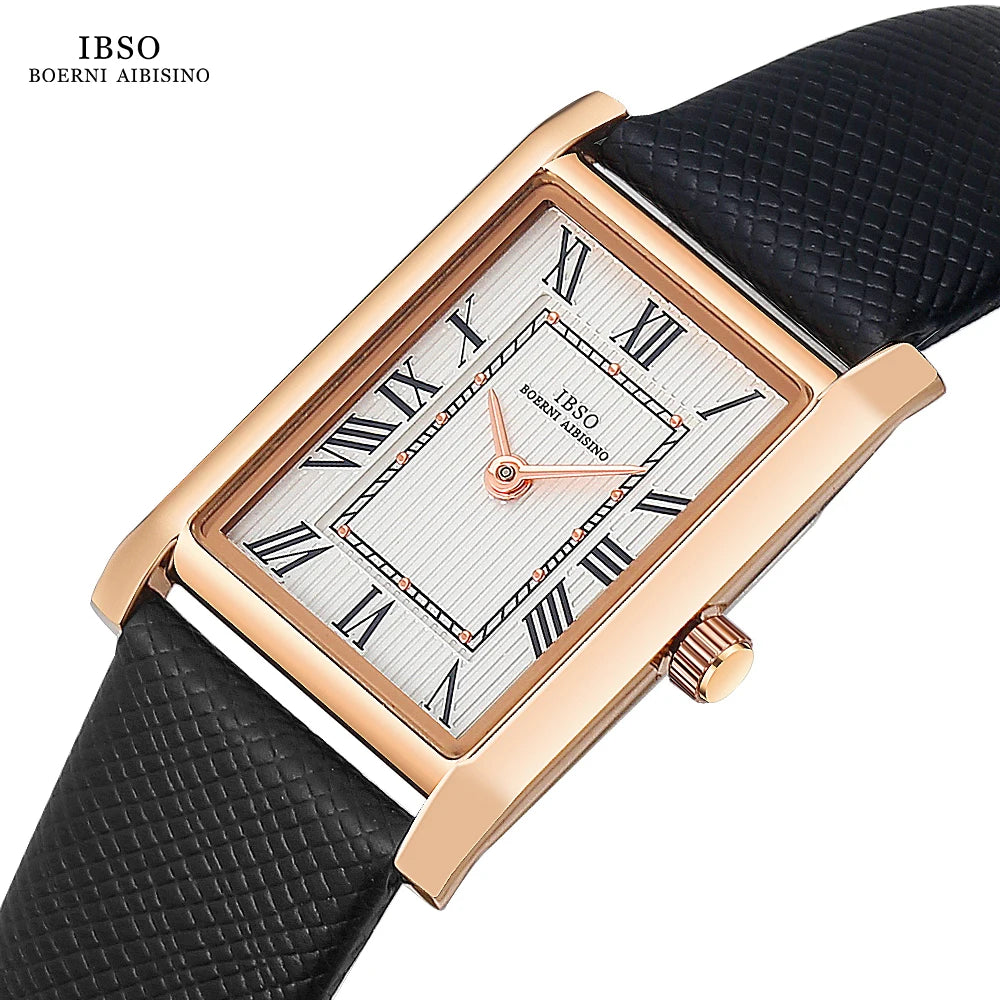 IBSO Ultra-Thin Slim Women Watches Japanese Seiko Movement Y120 Rectangle Dial Genuine Leather Strap 30m Waterproof Women's Gift