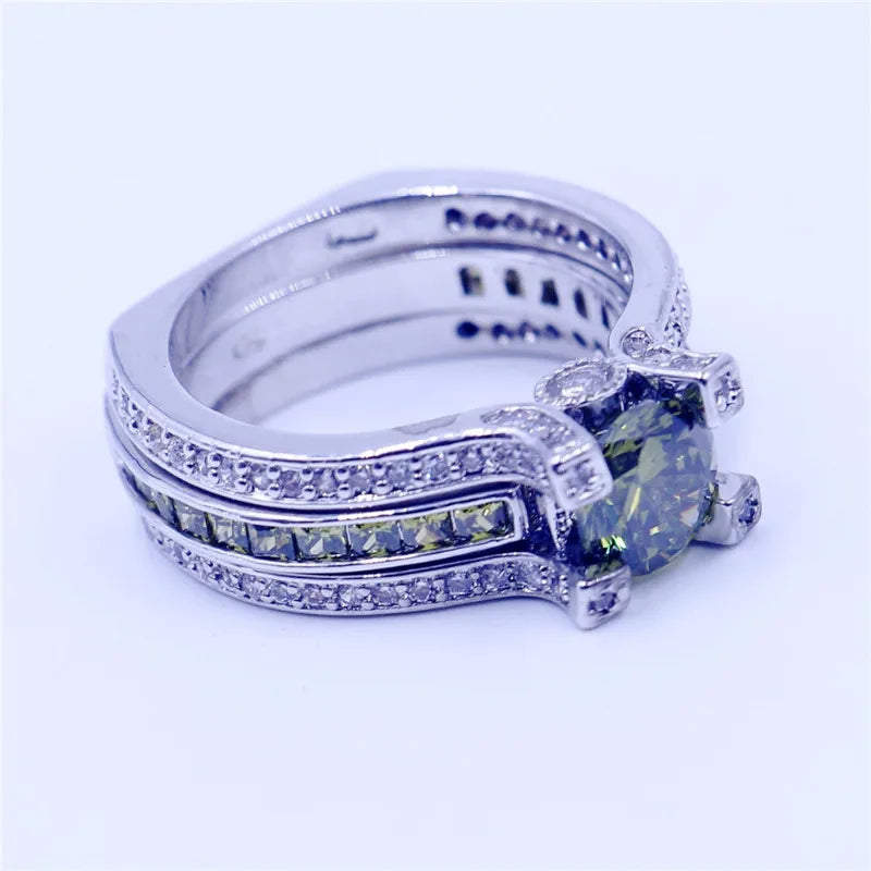 2-in-1 Lab Peridot Diamond Ring Set 925 Sterling Silver Engagement Wedding Band Rings for Women Bridal Promise Party Jewelry