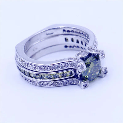 2-in-1 Lab Peridot Diamond Ring Set 925 Sterling Silver Engagement Wedding Band Rings for Women Bridal Promise Party Jewelry