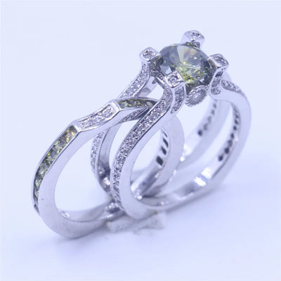 2-in-1 Lab Peridot Diamond Ring Set 925 Sterling Silver Engagement Wedding Band Rings for Women Bridal Promise Party Jewelry
