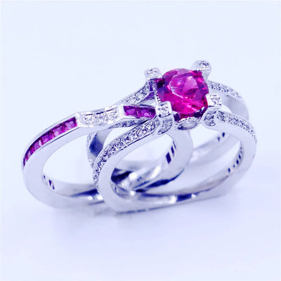 Lose Money Sell 2-in-1 Lab Ruby Diamond Ring Set 925 Sterling Silver Wedding Band Rings for Women Men Promise Party Jewelry Gift