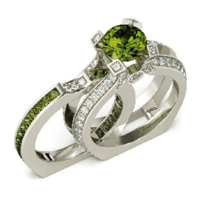 2-in-1 Lab Peridot Diamond Ring Set 925 Sterling Silver Engagement Wedding Band Rings for Women Bridal Promise Party Jewelry