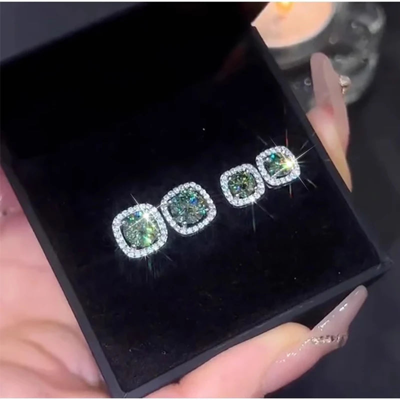 Houtros 1CT Green White Moissanite Stud Earrings for Women S925 Silver Square Wedding Diamond Earring Luxury Jewelry Certified