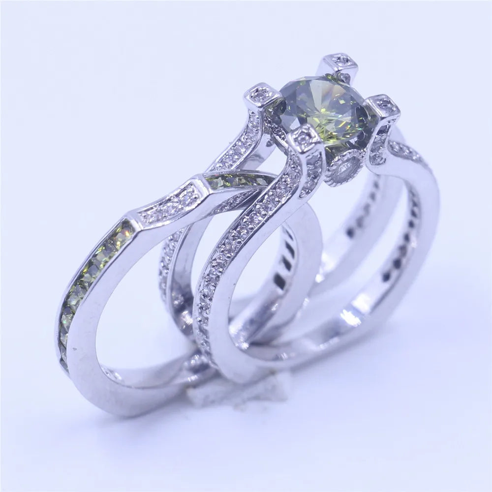 2-in-1 Lab Peridot Diamond Ring Set 925 Sterling Silver Engagement Wedding Band Rings for Women Bridal Promise Party Jewelry