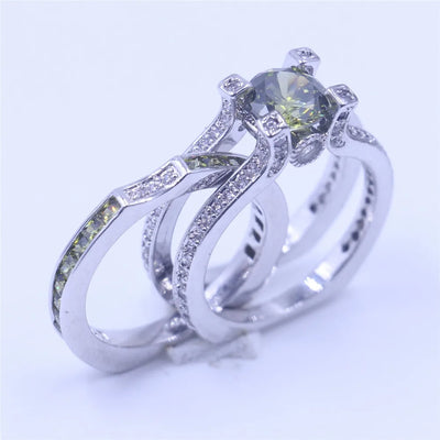2-in-1 Lab Peridot Diamond Ring Set 925 Sterling Silver Engagement Wedding Band Rings for Women Bridal Promise Party Jewelry