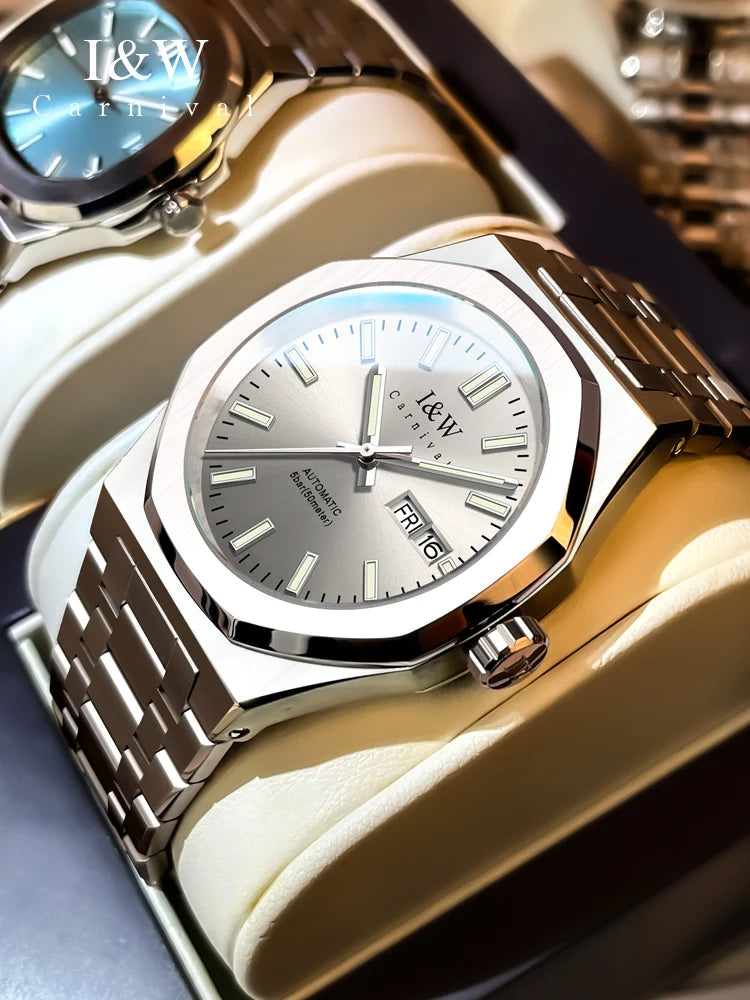 Japan SEIKO Movement Watches for Men High Quality Automatic Watch Double Calendar Sapphire Luminous Waterproof Steel Strap Reloj