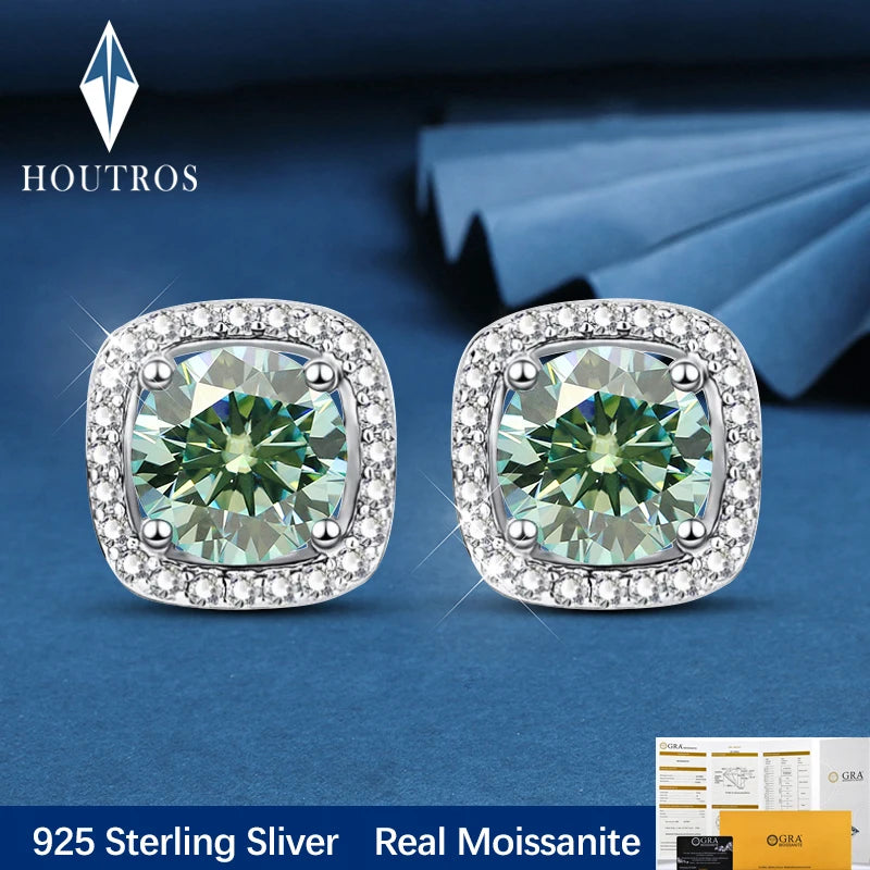 Houtros 1CT Green White Moissanite Stud Earrings for Women S925 Silver Square Wedding Diamond Earring Luxury Jewelry Certified