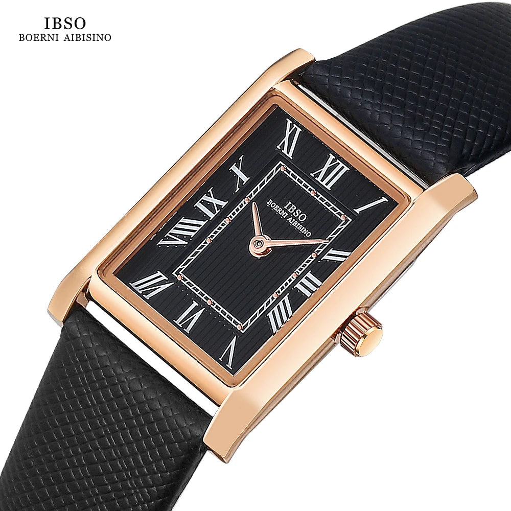IBSO Ultra-Thin Slim Women Watches Japanese Seiko Movement Y120 Rectangle Dial Genuine Leather Strap 30m Waterproof Women's Gift