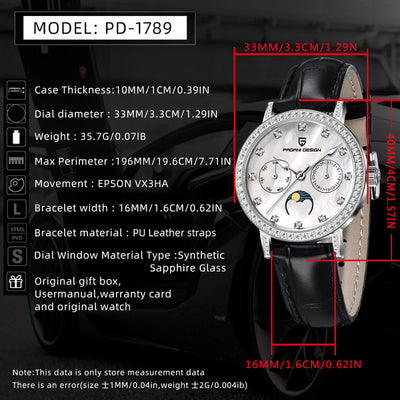 PAGANI DESIGN Women's Watches Luxury Brand Quartz Watch For Women Fashion Waterproof Leather Moon Phase Clock Gift Reloj Mujer