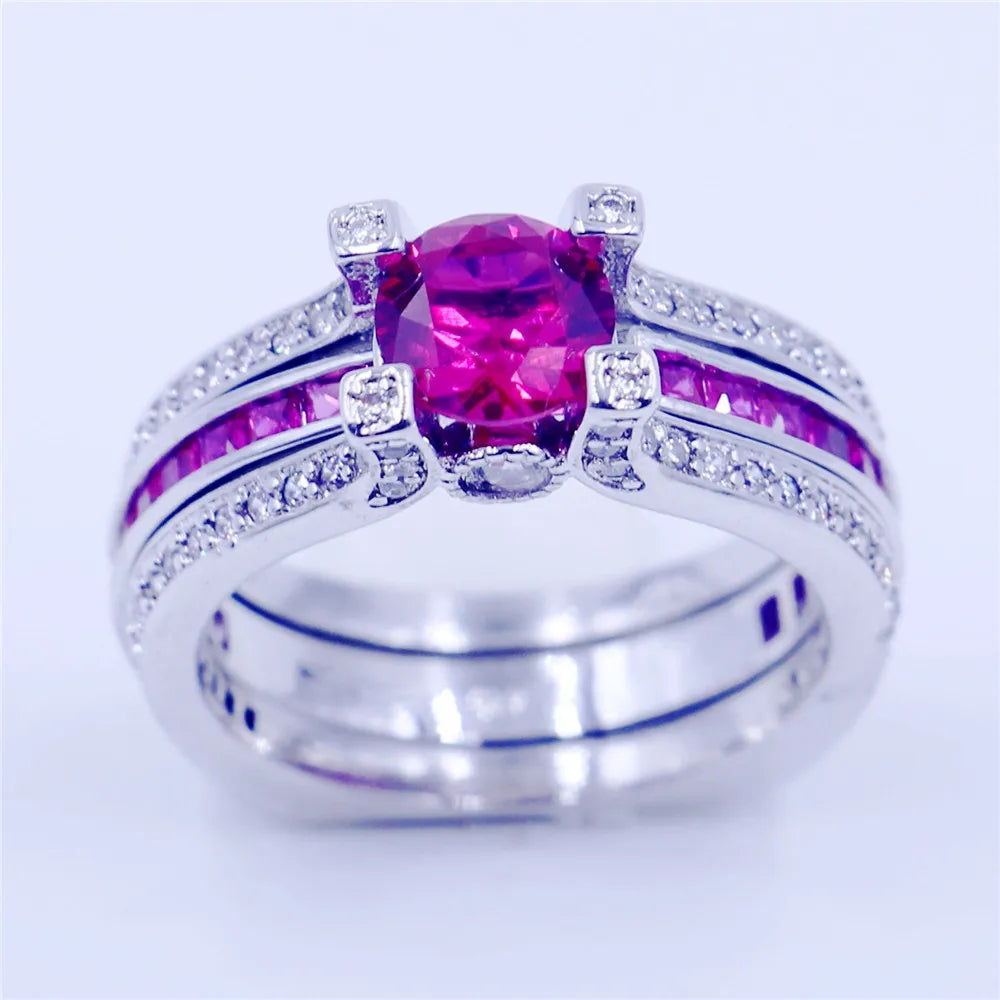 Lose Money Sell 2-in-1 Lab Ruby Diamond Ring Set 925 Sterling Silver Wedding Band Rings for Women Men Promise Party Jewelry Gift