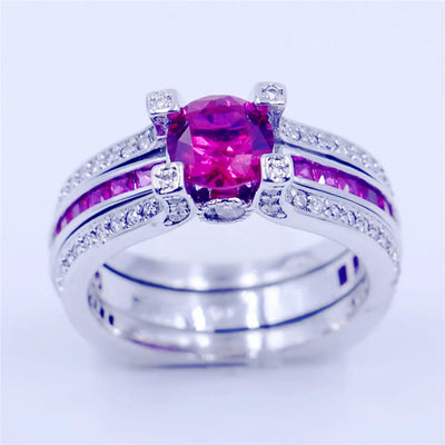 Lose Money Sell 2-in-1 Lab Ruby Diamond Ring Set 925 Sterling Silver Wedding Band Rings for Women Men Promise Party Jewelry Gift