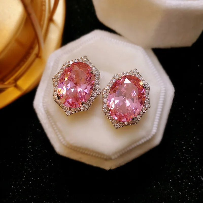 Statement Stud Earring Pink AAAAA Zircon 925 sterling silver Jewelry Engagement Wedding Earrings for Women Bridal Promise Gift