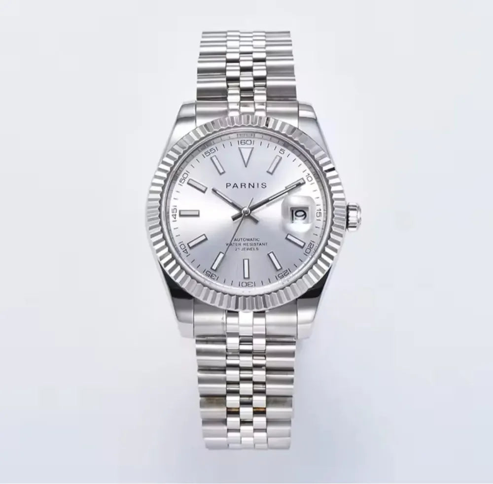 Parnis 39mm Man Watches Calendar Green/Blue/White Dial Miyota 8215 Movement 21 Jewels Automatic Mechanical Stainless Steel Strap