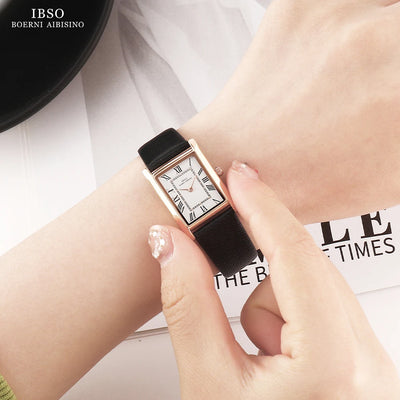 IBSO Ultra-Thin Slim Women Watches Japanese Seiko Movement Y120 Rectangle Dial Genuine Leather Strap 30m Waterproof Women's Gift